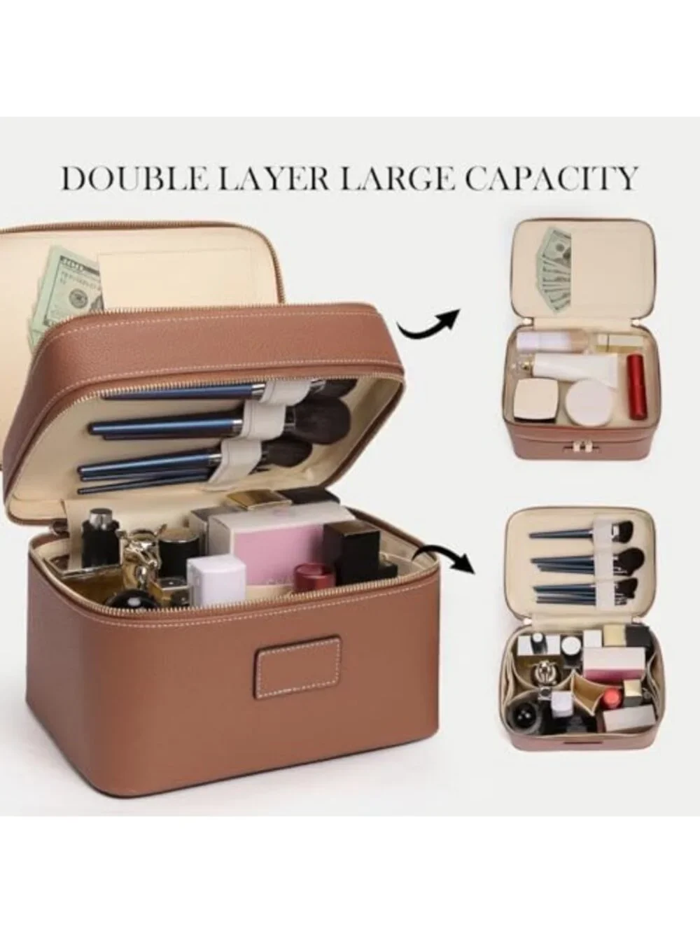 Stylish Large Leather Makeup Bag Duo - Travel Toiletry Case & Double Layer